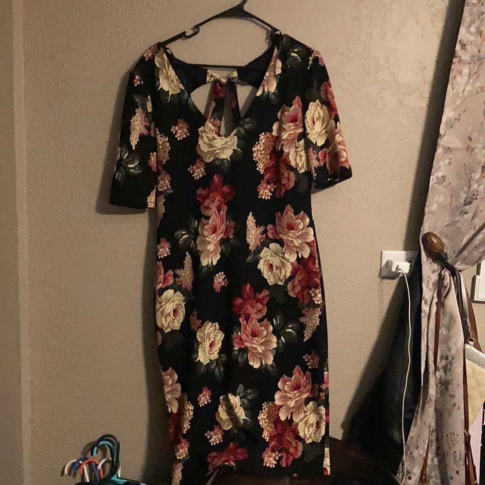 Black flowered midi dress